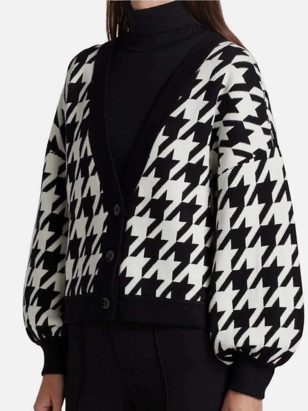 Alice + Olivia Black & White Houndstooth Balloon-Sleeve Cardigan